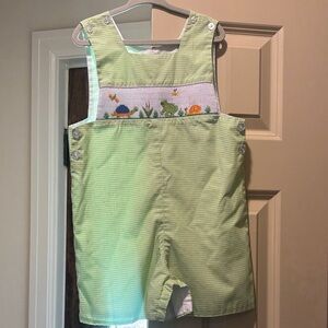 Green Gingham Frog and snail Smocked Jon Jon Romper
Size 3T